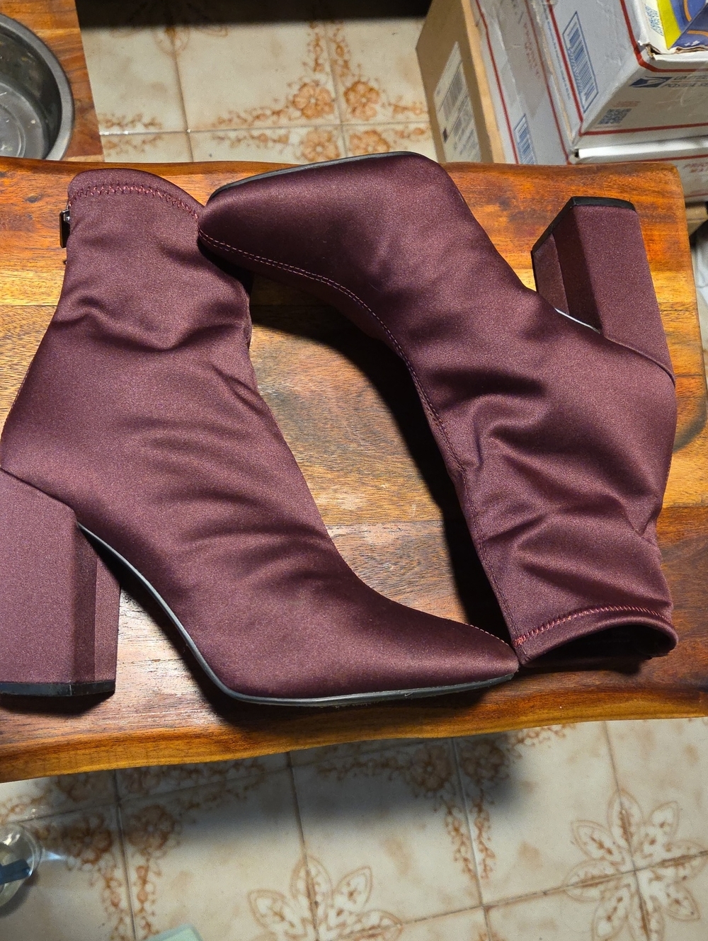 Jessica Simpson Wine Satin Block Heel Ankle Boots